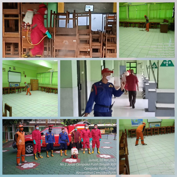 Penyemprotan Desinfektan Oleh Damkar Kec Cempaka Putih Pasca vaksinasi covid 19 tempat SMA 77